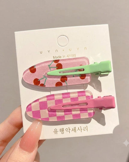 Korean Aesthetic Pink Hair Clips for Girls & Women – Acrylic Duckbill Hair Pins Set of 2 (Cherry Print & Pink Checkerboard) (VT-122)