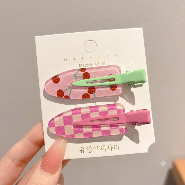 Korean Aesthetic Pink Hair Clips for Girls & Women – Acrylic Duckbill Hair Pins Set of 2 (Cherry Print & Pink Checkerboard) (VT-122)