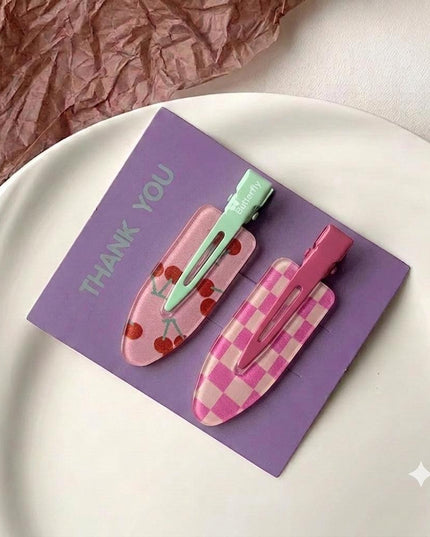 Korean Aesthetic Pink Hair Clips for Girls & Women – Acrylic Duckbill Hair Pins Set of 2 (Cherry Print & Pink Checkerboard) (VT-122)
