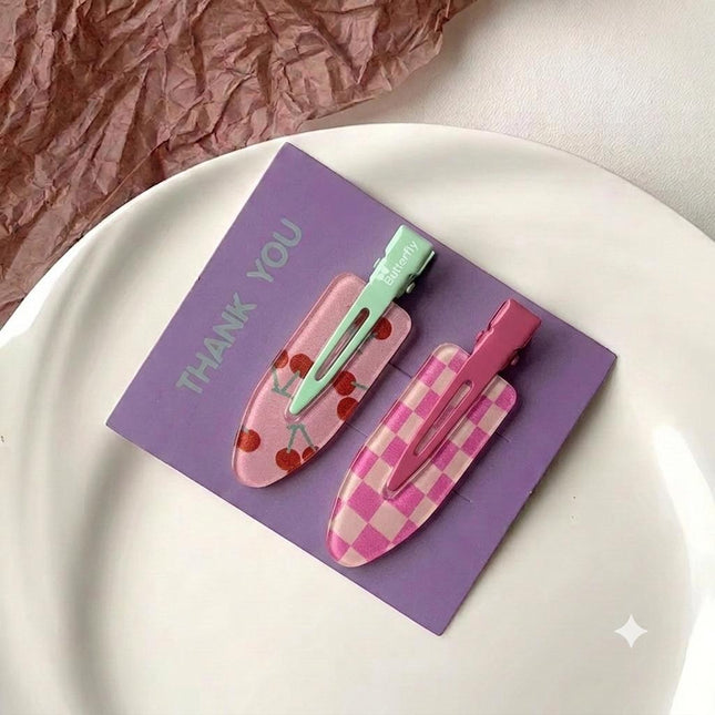 Korean Aesthetic Pink Hair Clips for Girls & Women – Acrylic Duckbill Hair Pins Set of 2 (Cherry Print & Pink Checkerboard) (VT-122)