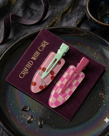 Korean Aesthetic Pink Hair Clips for Girls & Women – Acrylic Duckbill Hair Pins Set of 2 (Cherry Print & Pink Checkerboard) (VT-122)