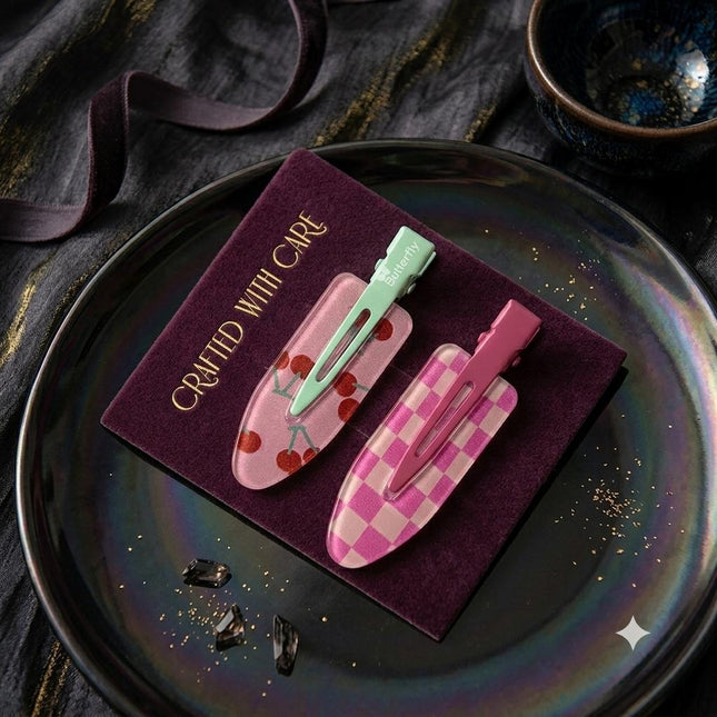 Korean Aesthetic Pink Hair Clips for Girls & Women – Acrylic Duckbill Hair Pins Set of 2 (Cherry Print & Pink Checkerboard) (VT-122)