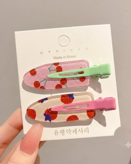Korean Aesthetic Cherry & Strawberry Hair Clips for Girls & Women – Cute Fruit Acrylic Duckbill Hair Pins Set of 2 (Pink & Mint Green) (VT-123)