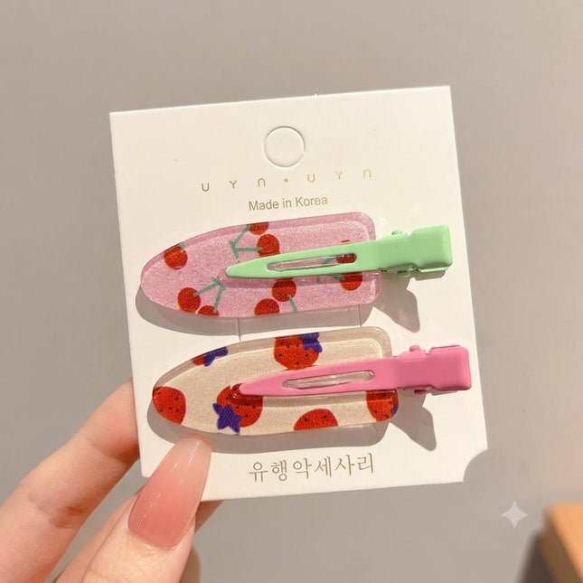 Korean Aesthetic Cherry & Strawberry Hair Clips for Girls & Women – Cute Fruit Acrylic Duckbill Hair Pins Set of 2 (Pink & Mint Green) (VT-123)
