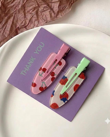 Korean Aesthetic Cherry & Strawberry Hair Clips for Girls & Women – Cute Fruit Acrylic Duckbill Hair Pins Set of 2 (Pink & Mint Green) (VT-123)