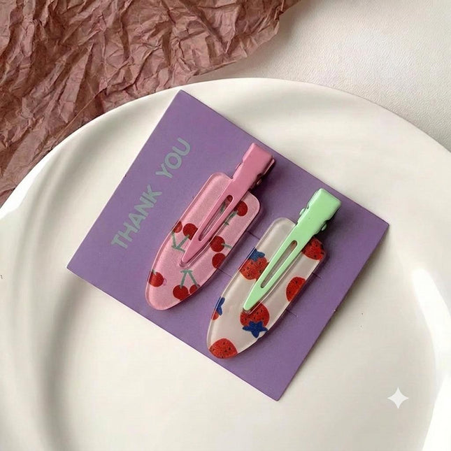 Korean Aesthetic Cherry & Strawberry Hair Clips for Girls & Women – Cute Fruit Acrylic Duckbill Hair Pins Set of 2 (Pink & Mint Green) (VT-123)