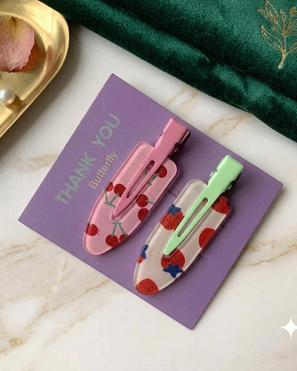 Korean Aesthetic Cherry & Strawberry Hair Clips for Girls & Women – Cute Fruit Acrylic Duckbill Hair Pins Set of 2 (Pink & Mint Green) (VT-123)