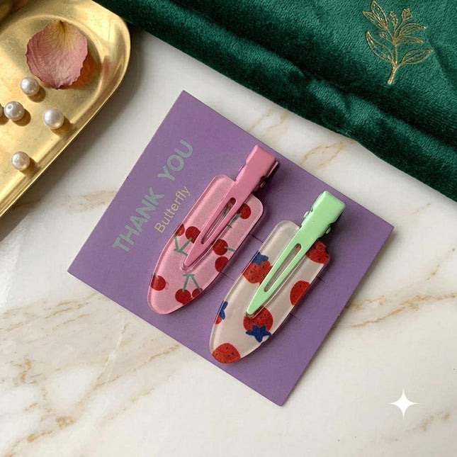 Korean Aesthetic Cherry & Strawberry Hair Clips for Girls & Women – Cute Fruit Acrylic Duckbill Hair Pins Set of 2 (Pink & Mint Green) (VT-123)