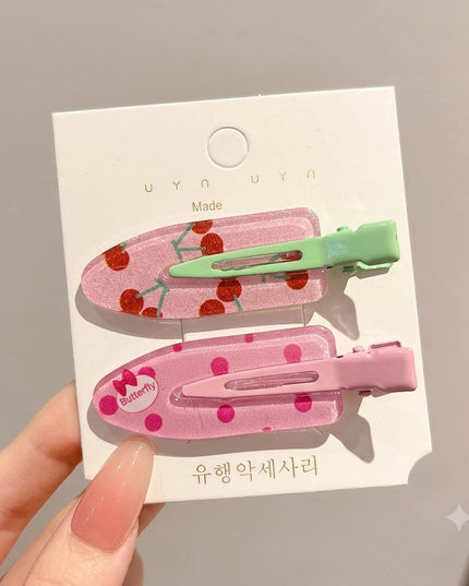 Korean Aesthetic Pink Hair Clips for Girls & Women – Acrylic Duckbill Hair Pins Set of 2 (Glitter Cherry & Polka Dot Bow) (VT-124)