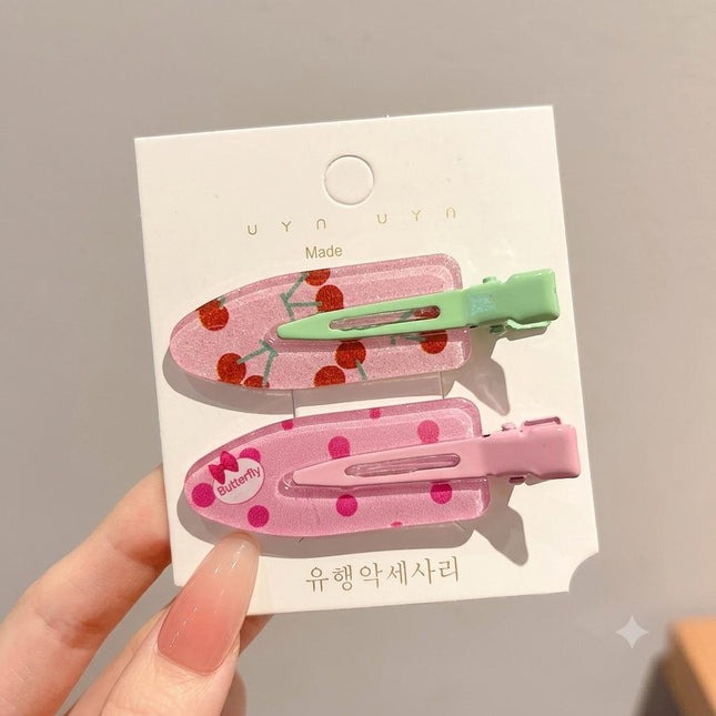 Korean Aesthetic Pink Hair Clips for Girls & Women – Acrylic Duckbill Hair Pins Set of 2 (Glitter Cherry & Polka Dot Bow) (VT-124)