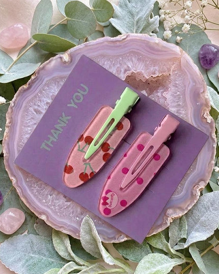 Korean Aesthetic Pink Hair Clips for Girls & Women – Acrylic Duckbill Hair Pins Set of 2 (Glitter Cherry & Polka Dot Bow) (VT-124)