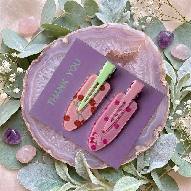 Korean Aesthetic Pink Hair Clips for Girls & Women – Acrylic Duckbill Hair Pins Set of 2 (Glitter Cherry & Polka Dot Bow) (VT-124)