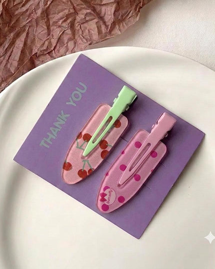 Korean Aesthetic Pink Hair Clips for Girls & Women – Acrylic Duckbill Hair Pins Set of 2 (Glitter Cherry & Polka Dot Bow) (VT-124)