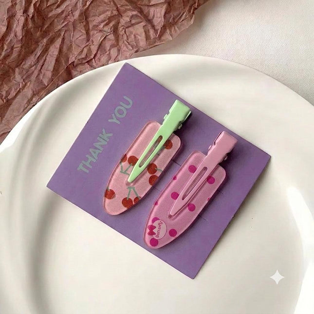 Korean Aesthetic Pink Hair Clips for Girls & Women – Acrylic Duckbill Hair Pins Set of 2 (Glitter Cherry & Polka Dot Bow) (VT-124)