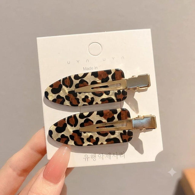 Korean Leopard Print Hair Clips for Girls & Women – Vintage Tortoise Acrylic Duckbill Hair Pins Set of 2 (Brown & Gold) (VT-125)