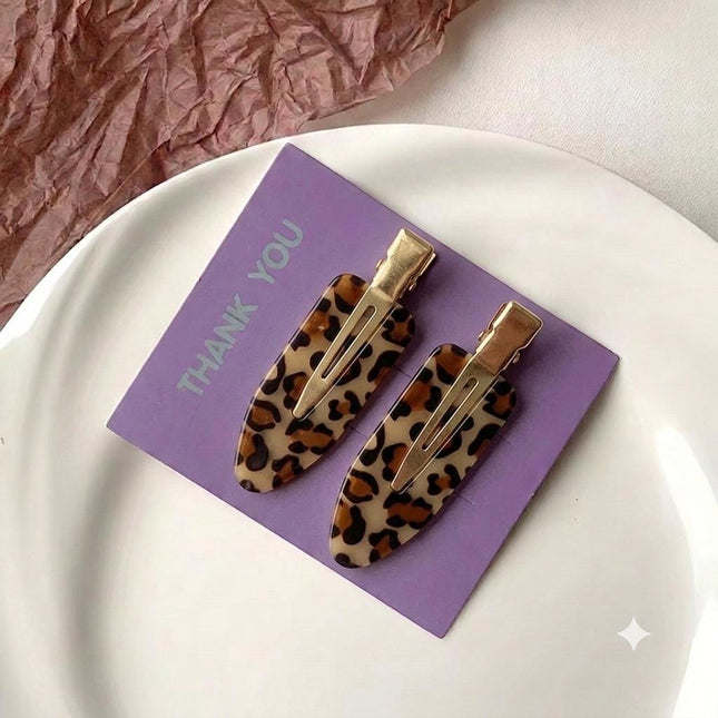 Korean Leopard Print Hair Clips for Girls & Women – Vintage Tortoise Acrylic Duckbill Hair Pins Set of 2 (Brown & Gold) (VT-125)