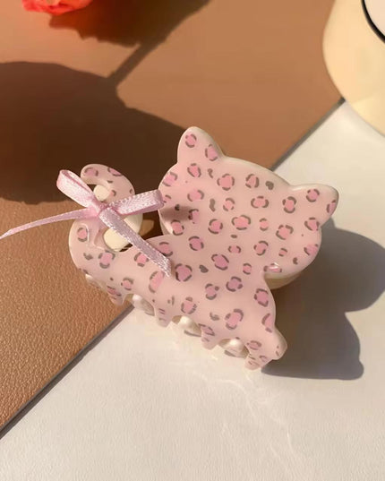 Korean Cute Pink Leopard Cat Hair Claw Clip for Women & Girls – Aesthetic Kitten Hair Claw with Ribbon Bow Detail (VT-126)