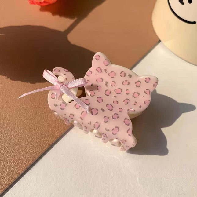 Korean Cute Pink Leopard Cat Hair Claw Clip for Women & Girls – Aesthetic Kitten Hair Claw with Ribbon Bow Detail (VT-126)