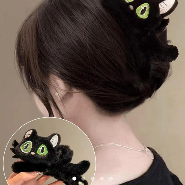 Black Cat Plush Claw Clip –  Fluffy Kitty Hair Jaw Clip for Women & Girls (VT-29)