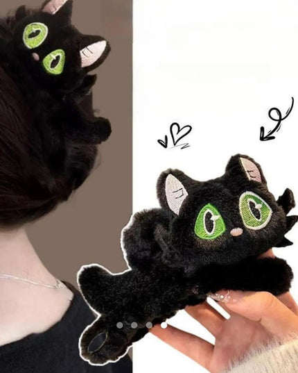 Black Cat Plush Claw Clip –  Fluffy Kitty Hair Jaw Clip for Women & Girls (VT-29)