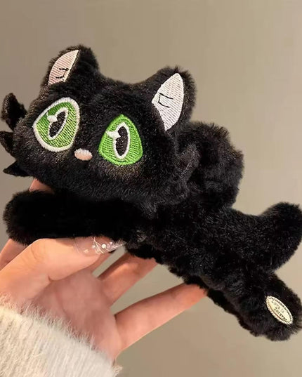 Black Cat Plush Claw Clip –  Fluffy Kitty Hair Jaw Clip for Women & Girls (VT-29)