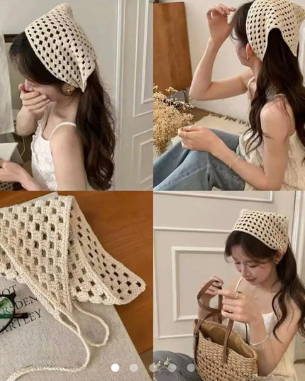 Crochet Knit Hair Bandana – Hollow Woven Triangle Headscarf with Tie Strings (VT-31)