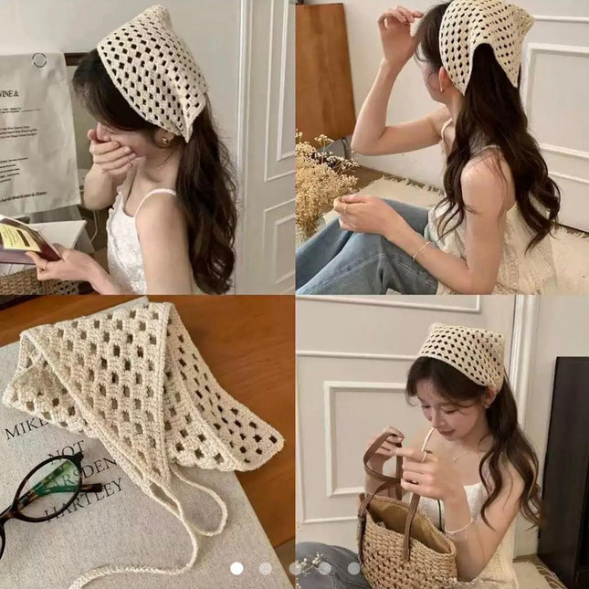 Crochet Knit Hair Bandana – Hollow Woven Triangle Headscarf with Tie Strings (VT-31)