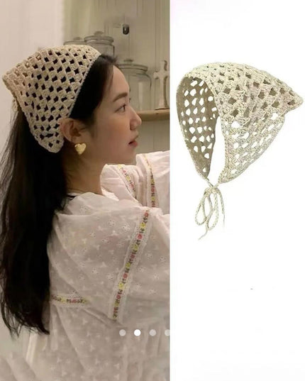 Crochet Knit Hair Bandana – Hollow Woven Triangle Headscarf with Tie Strings (VT-31)