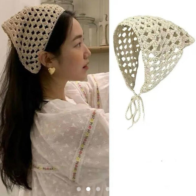 Crochet Knit Hair Bandana – Hollow Woven Triangle Headscarf with Tie Strings (VT-31)