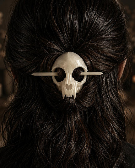 Skull Hair Pin with Stick – Glow in the Dark Gothic Cat Skull Hairpin | Handcrafted Resin Hair Clip for Women (VT-32)
