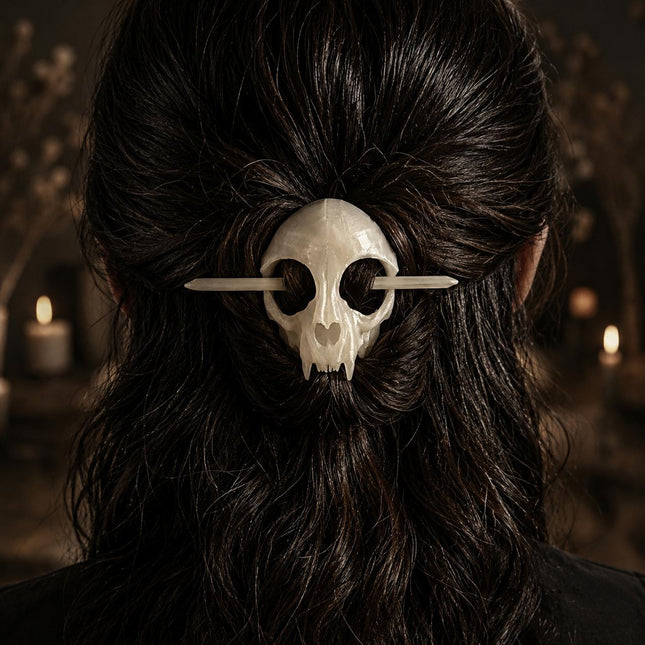 Skull Hair Pin with Stick – Glow in the Dark Gothic Cat Skull Hairpin | Handcrafted Resin Hair Clip for Women (VT-32)