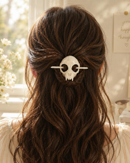 Skull Hair Pin with Stick – Glow in the Dark Gothic Cat Skull Hairpin | Handcrafted Resin Hair Clip for Women (VT-32)