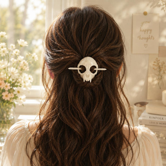 Skull Hair Pin with Stick – Glow in the Dark Gothic Cat Skull Hairpin | Handcrafted Resin Hair Clip for Women (VT-32)