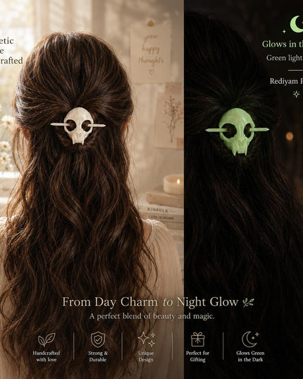 Skull Hair Pin with Stick – Glow in the Dark Gothic Cat Skull Hairpin | Handcrafted Resin Hair Clip for Women (VT-32)
