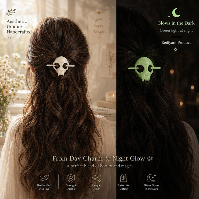 Skull Hair Pin with Stick – Glow in the Dark Gothic Cat Skull Hairpin | Handcrafted Resin Hair Clip for Women (VT-32)