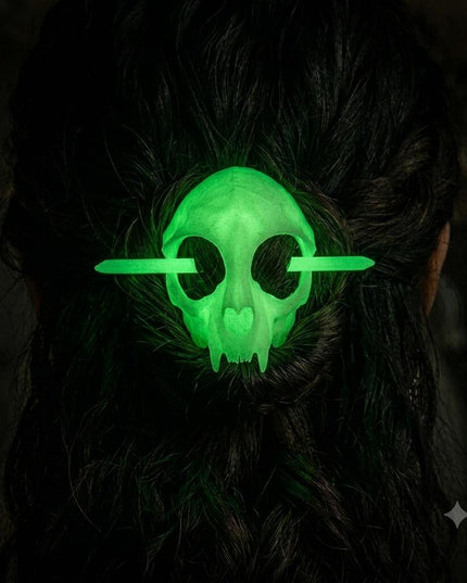 Skull Hair Pin with Stick – Glow in the Dark Gothic Cat Skull Hairpin | Handcrafted Resin Hair Clip for Women (VT-32)