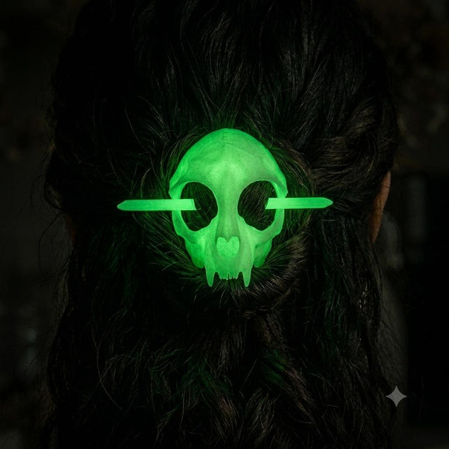 Skull Hair Pin with Stick – Glow in the Dark Gothic Cat Skull Hairpin | Handcrafted Resin Hair Clip for Women (VT-32)