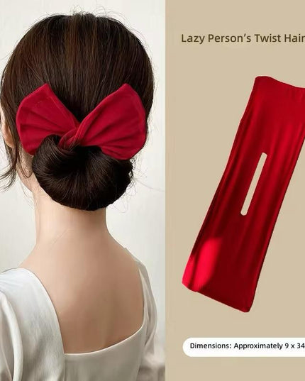 Lazy Person's Bow Bun Maker – Easy Twist Hair Tool for Effortless Updo | Red Satin Bow Hair Wrap (VT-36)