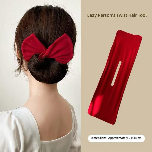 Lazy Person's Bow Bun Maker – Easy Twist Hair Tool for Effortless Updo | Red Satin Bow Hair Wrap (VT-36)