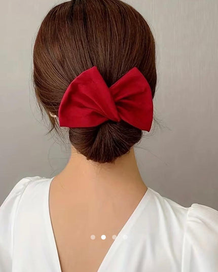 Lazy Person's Bow Bun Maker – Easy Twist Hair Tool for Effortless Updo | Red Satin Bow Hair Wrap (VT-36)