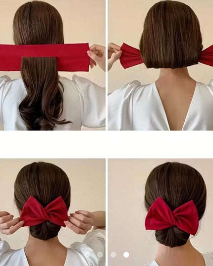 Lazy Person's Bow Bun Maker – Easy Twist Hair Tool for Effortless Updo | Red Satin Bow Hair Wrap (VT-36)
