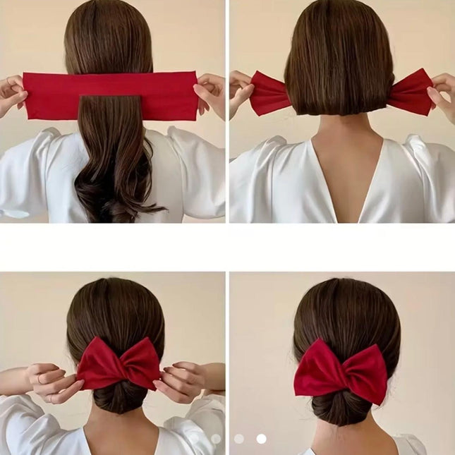 Lazy Person's Bow Bun Maker – Easy Twist Hair Tool for Effortless Updo | Red Satin Bow Hair Wrap (VT-36)