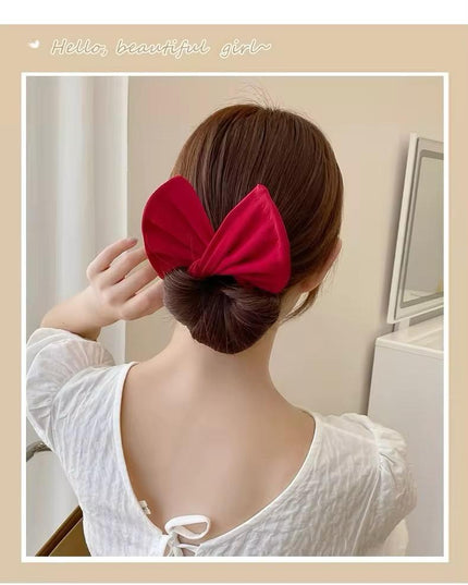 Lazy Person's Bow Bun Maker – Easy Twist Hair Tool for Effortless Updo | Red Satin Bow Hair Wrap (VT-36)