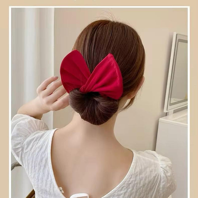 Lazy Person's Bow Bun Maker – Easy Twist Hair Tool for Effortless Updo | Red Satin Bow Hair Wrap (VT-36)