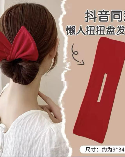 Lazy Person's Bow Bun Maker – Easy Twist Hair Tool for Effortless Updo | Red Satin Bow Hair Wrap (VT-36)