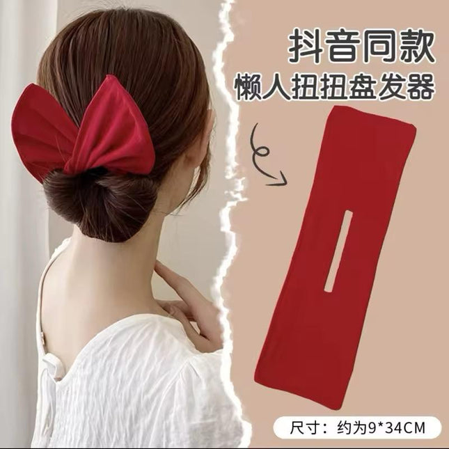 Lazy Person's Bow Bun Maker – Easy Twist Hair Tool for Effortless Updo | Red Satin Bow Hair Wrap (VT-36)