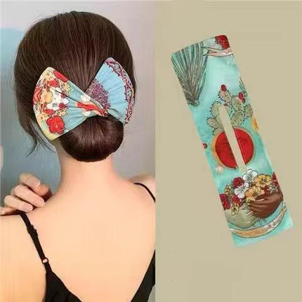 Lazy Person's Bow Bun Maker – Printed Silk-Feel Twist Hair Tool | Floral Cactus Print Bow Hair Wrap (VT-37)