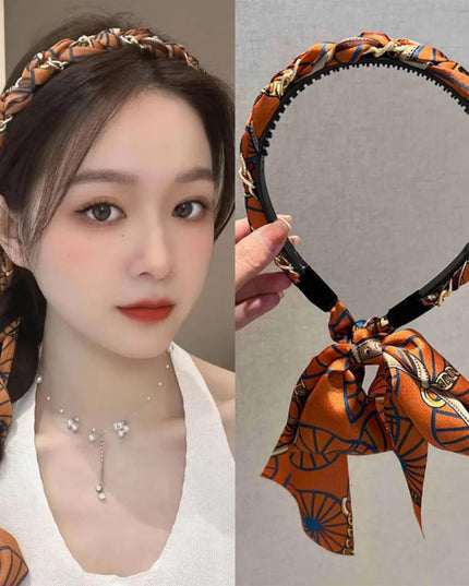 Braided Scarf Headband with Bow Tie – Printed Silk-Feel Ribbon Hairband | Vintage Style Hair Accessory for Women (VT-38)