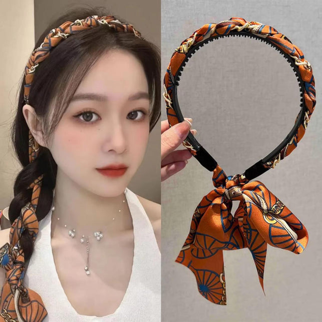 Braided Scarf Headband with Bow Tie – Printed Silk-Feel Ribbon Hairband | Vintage Style Hair Accessory for Women (VT-38)