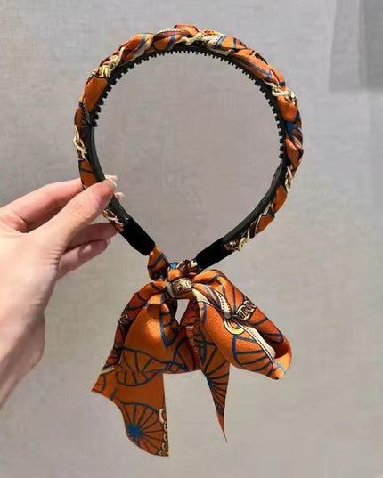 Braided Scarf Headband with Bow Tie – Printed Silk-Feel Ribbon Hairband | Vintage Style Hair Accessory for Women (VT-38)